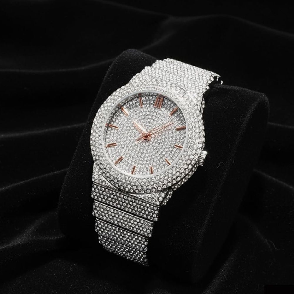 Iced Out Bust Down Watch Simulated Diamond Hip Hop Bling Rose Silver Wristwatch